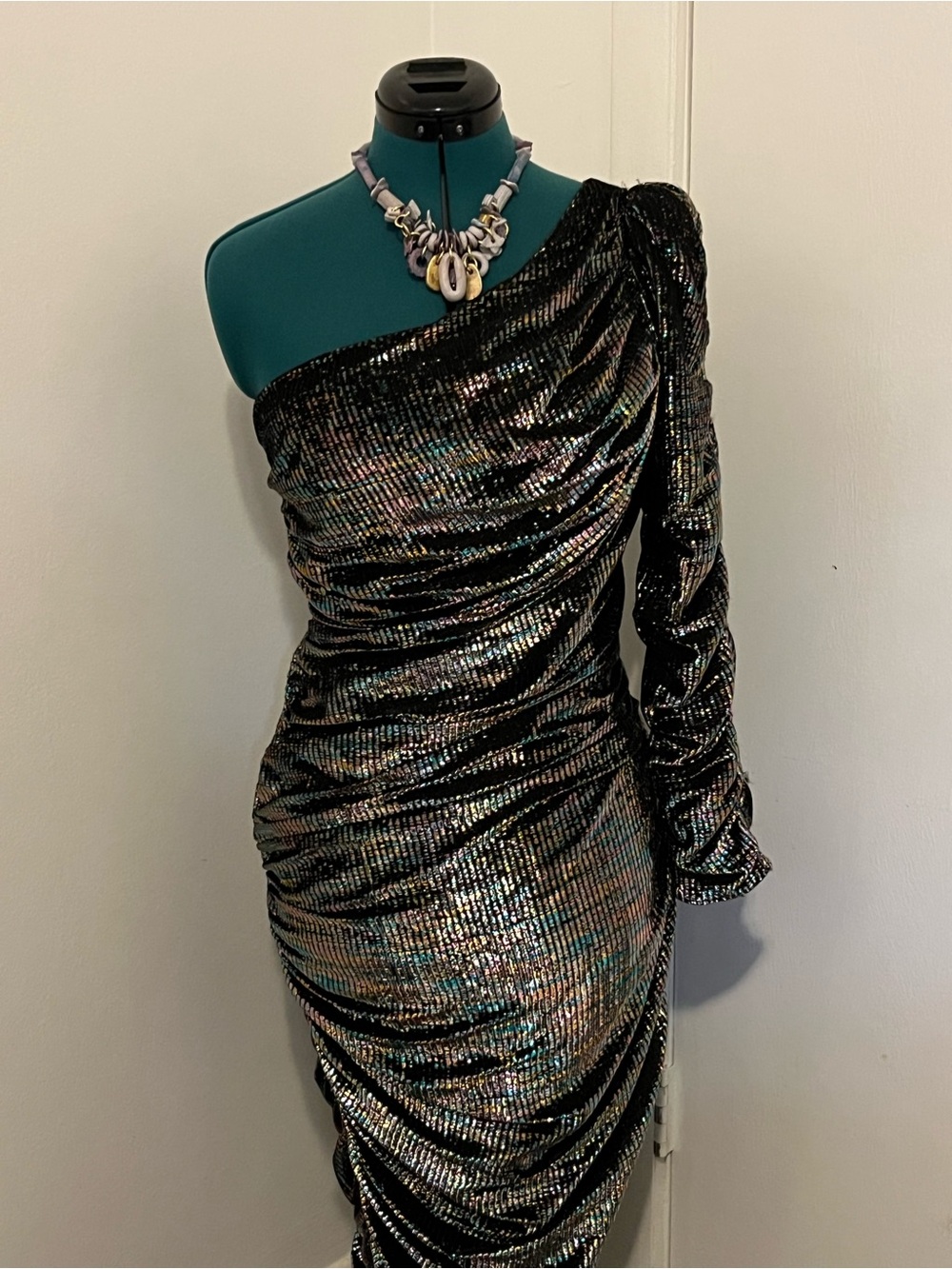 One-Shoulder Iridescent Black Sequin Dress
